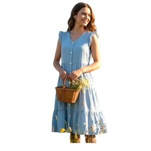 PatPat Dress Cotton Light Blue Cottagecore Prairie Garden Party Midi Casual XL
